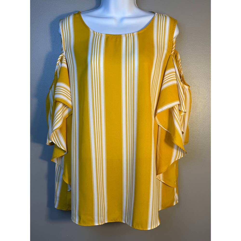 Worthington XL Yellow White Striped Cold Shoulder Blouse Women's Flutter Sleeve